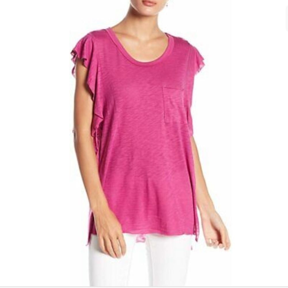 We the Free People So Easy Ruffle Sleeve Top Tee Fuchsia Pink